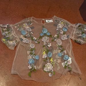 Disney brand sleeping beauty themed sheer top with embroidered flowers size M
